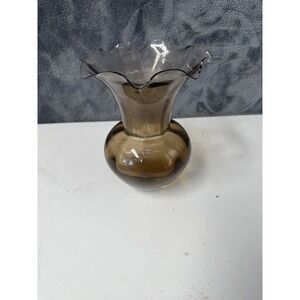 Vintage Mid-Century Smoked Gray Blown Glass Vase with Ruffled Rim